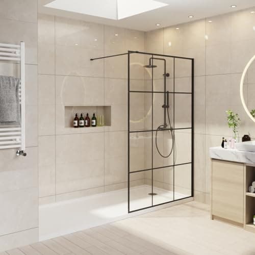 Image of NRG 1100 x 1950mm Wetroom Screen Wet Room Shower Enclosure Black Grid Framed Shower Screen Panel 8mm Easy Clean Glass