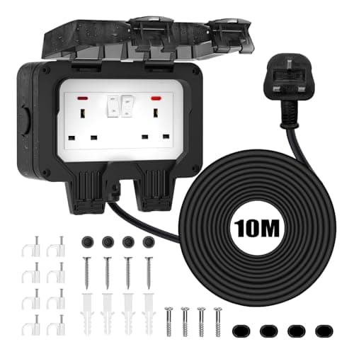 Image of Double Outdoor Socket Waterproof 10M Extension Lead Weatherproof IP66 Outside Plug Socket Switched Wall Electrical Outlet, 13Amp 2 Gang External Storm Garden Power Socket Cover Box, Black
