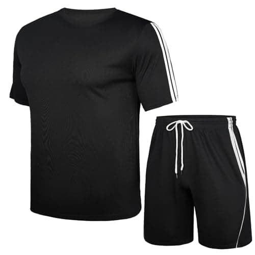 Image of Nieery Men's Tracksuit Men's T-Shirt and Shorts Set Sports Mesh Tracksuit Outfits Short Sleeve Suit Set Casual Running Sport Sweat Activewear with Pockets Black L