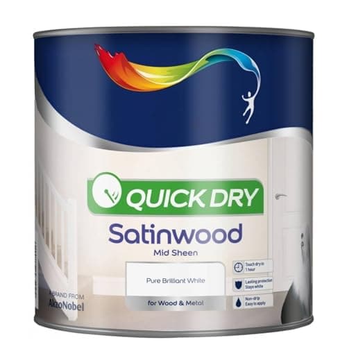 Image of HOCHSTE® Quick Dry Satinwood Paint, Pure Brilliant White, Water-Based Interior Paint for Wood & Metal, Low Odour, Non-Yellowing, Wipeable Mid Sheen Finish, Skirting, Doors, Trim, White, 750ml