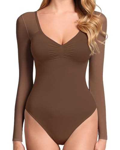 Image of GJY Women's Bodysuit, Sexy V-Neck Long Sleeve Mesh Backless Bodysuit, Body Shaping Jersey, One-Piece Suit, Suitable for Going Out, Red-brown, S