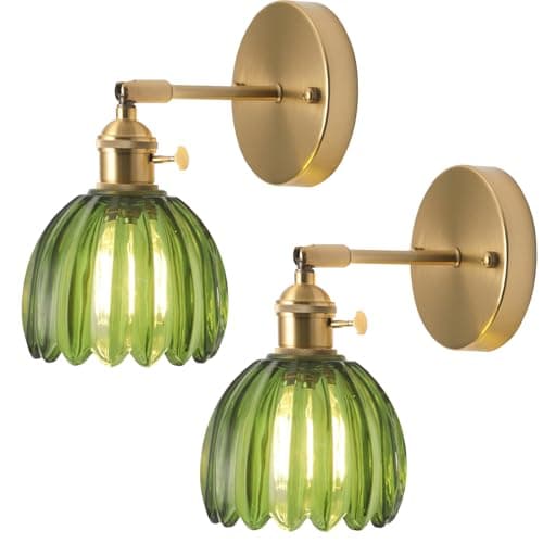 Image of TOKTOP Set of 2 Vintage Flower Wall Light Golden Brass and Green Glass with Switch Wall Lamp E27 for Bathroom Bedroom Living Room Kitchen