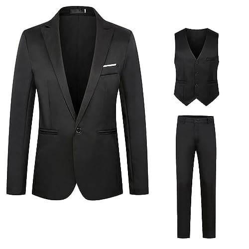 Image of BiCophy Big and Tall Mens Classic Formal Suits 3 Piece Notch Lapel Two Button Blazer Jacket Slim Fit Vest Flat Front Dress Pants Solid Color Business Suit Sets for Party Prom Dinner Wedding Black