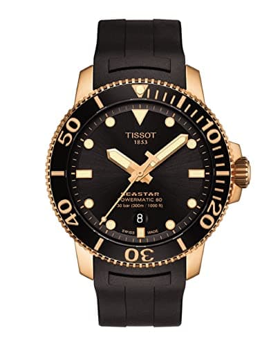 Image of Tissot Mens Seastar 1000 Powermatic 80 316L Stainless Steel case with Rose Gold PVD Coating Automatic Watches, Black, Rubber, 21 (T1204073705101)
