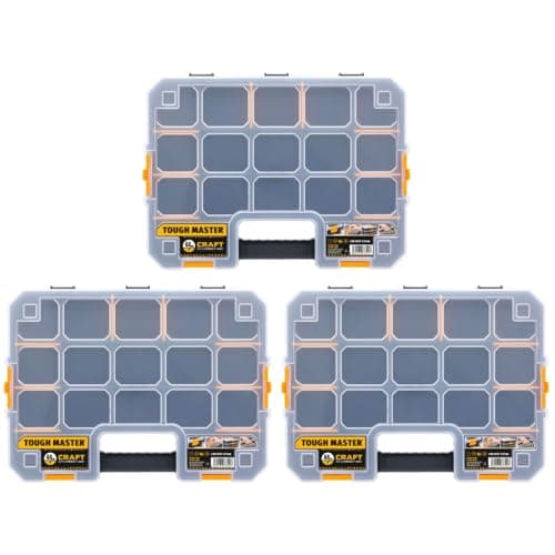 Image of Stackable Storage Organiser 17" Inch With Transparent Lid 15 Adjustable Compartments Lightweight Portable Toolbox For Screws Nuts Tools Small Parts TOUGH MASTER (Pack of 3)