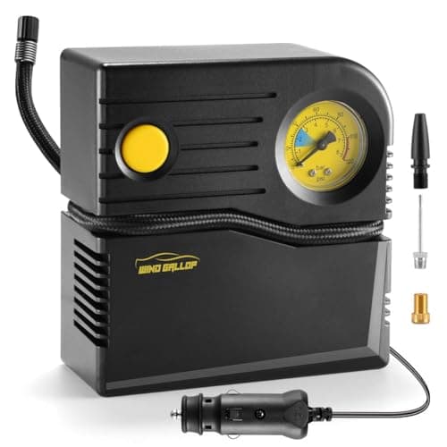 Image of WindGallop Car Tyre Inflator Air Compressor Car Tyre Pump 12v Electric Tyre Pumps for Cars Air Pump with Tyre Pressure Gauge and Inflator Small Car Pumps for Tyres Valve Adaptors (Yellow)