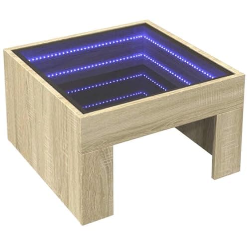 Image of vidaXL Coffee Table in Sonoma Oak with Infinity RGB LED Lights – Engineered Wood & Glass | Multi-Purpose Side/End/Couch Table for Living Room, Bedroom | 50 x 50 x 30 cm