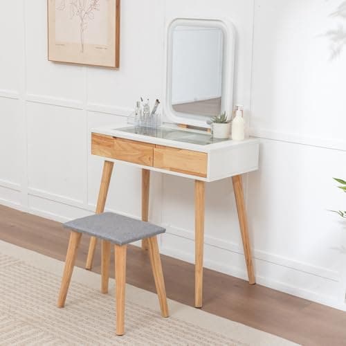 Image of WestWood Natural White Makeup Vanity Table with Rounded-Corner LED Mirror, Transparent Glass Top, 2 Storage Drawers, Divided Drawer, 3 Touch-Control Light Modes