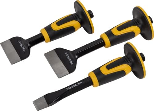 Image of Roughneck ROU31970 Bolster & Chisel Set- 3 Piece Including: Brick Bolster 70x216mm (2¾x8½ in) Electrician’s Bolster 76x254mm (3x10 in)& Cold Chisel 25x254mm (1x10in)