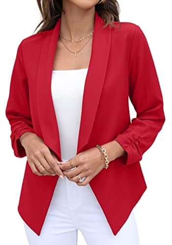 Image of GRECERELLE Womens Blazer Suit Open Front Cardigan 3/4 Ruched Sleeve Casual Work Office Cropped Blazer Jacket for Ladies (Red, US 14= UK16-18)