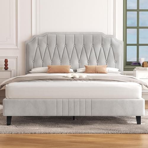 Image of Yaheetech 4ft6 Double Bed Frame Upholstered Platform Bed with Adjustable Button Tufted Headboard/Velvet Fabric/Sturdy Wooden Slat Support/No Box Spring Needed, Beige Double Bed