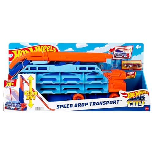 Image of Hot Wheels City Speed Drop Transport Hauler, Includes 1 Hot Wheels Car, Can Hold More than 20 1:64 Scale Vehicles, Transforms into 2-Foot Tall Gravity Drop, Gift for Kids 4 Years & Older, HDY92