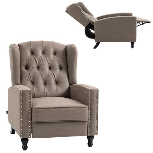 Image of HOMCOM Manual Reclining Armchair with Footrest, Marble Effect Vintage Recliner Chair with Nail Head Trim, Button Tufted Wing Back and Wood Legs, Brown