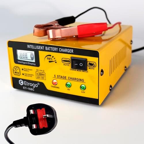 Image of Etrogo 6V 12V Car Battery Charger 10A Intelligent with LED Screen,UK Mains Powered,for GEL,VRLA,EFB,AGM,Flooded battery,Dry-charged battery for Car,motorcycles,trucks,buses