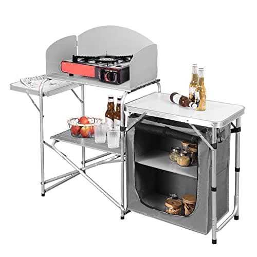 Image of WOLTU Camping Cupboard Foldable Camping Kitchen Cabinet with Carry Bag, Portable Outdoor Furniture, Roll-up Tabletop Aluminium and MDF, White+Grey