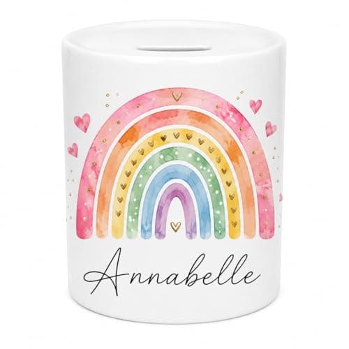 Image of Personalised Rainbow Ceramic Money Box – Custom Kids Coin Bank with Any Name – Pastel Rainbow Piggy Bank for Girls, Babies & Toddlers – Nursery Savings Pot Keepsake Gift