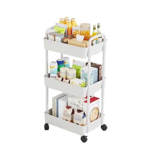 Image of Eidoct Beauty Trolley on Wheels 3 Tier Storage Trolley with handle Space-Saving Beauty Trolleys Rolling Utility Cart Craft Trolleys on Wheels for Home Kitchen Bathroom Laundry Office White