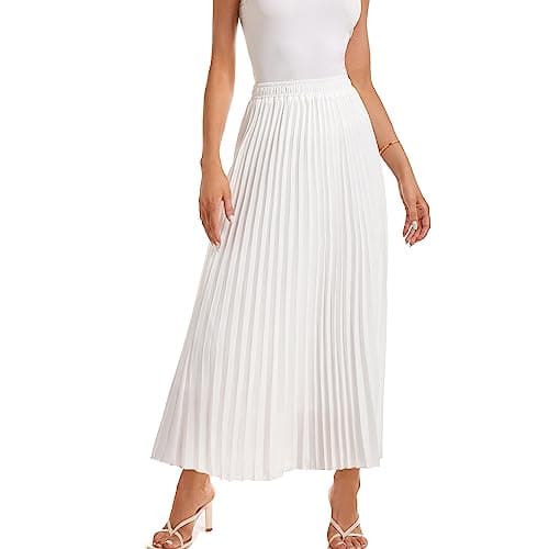 Image of TEERFU Womens Elastic High Waist Flowy Pleated Skirt Chiffon Swing A-line Beach Maxi Skirt White