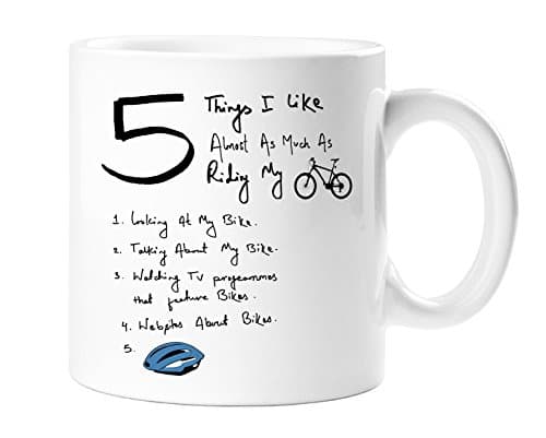 Image of Five Things I Like: Bike | Cyclist Mug – 11oz White Ceramic with Bike & Blue Helmet – Funny Coffee/Tea Cup – Gift for Cyclists – Birthday, Christmas, Stocking Filler