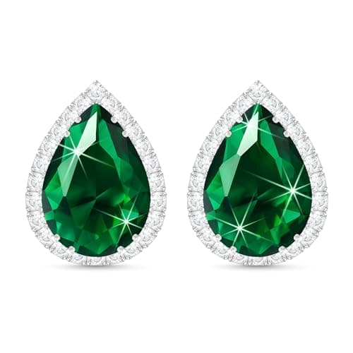 Image of Linawe Silver Emerald Green Stud Earrings, Imitation Diamond Cubic Zirconia Earrings Studs Women, Teardrop Rhinestone Crystal Formal White Gold Earring Set Wedding Bridal Bridesmaid