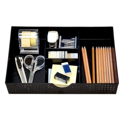 Image of Amtido Desk Drawer Organiser Tray for Office Stationary Supplies & Accessories - Sleek 3 Compartments Stationery Organisers with 2 Adjustable Dividers - Black Desk Tidy Organiser