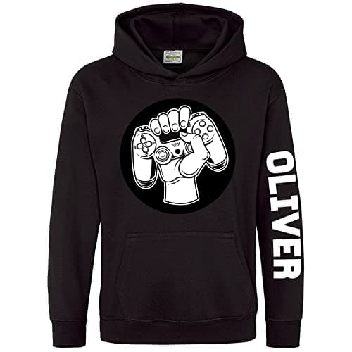 Image of Purple Print House Custom Name Gaming Kids Hoodie, Personalised Text Gifts For Boys and Girls, Unique and Cool Birthday Christmas Video Game Hoody, Hooded Gamer Jumper Gift, 12-13 Years, Black