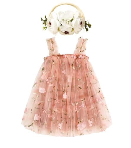 Image of Momkonzz Toddler Baby Girl Tutu Dress Infant Tulle Flower Dresses Little Girls Sleeveless Birthday Wedding Sundress with Flower Headband (Orange, 12-18M)