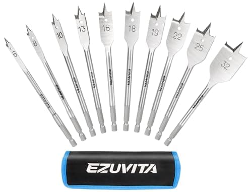 Image of EZUVITA 10pcs Wood Spade Drill Bits Set 152mm, Carbon Steel Paddle Flat Bit for Hole Cutter Woodworking, 6mm to 32mm, Quick-Change Hex Shank, Acrossed Bits with Storage Pouch