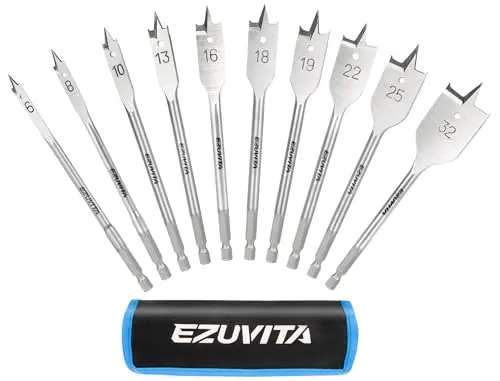 Image of EZUVITA 10pcs Wood Spade Drill Bits Set 152mm, Carbon Steel Paddle Flat Bit for Hole Cutter Woodworking, 6mm to 32mm, Quick-Change Hex Shank, Acrossed Bits with Storage Pouch
