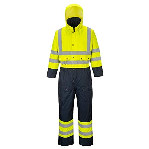 Image of Portwest S485 Mens Hi Vis Waterproof Winter Coverall Thermal Quilted Hooded Rain Suit 300D PU Coated Taped Seams Reflective Workwear Rail Motorway Tradesman, Yellow/Navy, XL