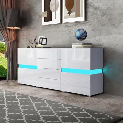 Image of High Gloss Modern Sideboard Cabinet for Living Room - 2 Doors, 4 Drawers with LED Lights (White)