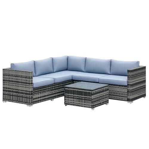 Image of Outsunny 4 Pieces Rattan Garden Furniture Set, Wicker Outdoor Furniture Set with Corner Sofa Loveseat Coffee Table Cushions, Conservatory Furniture Set for Patio Balcony, Grey