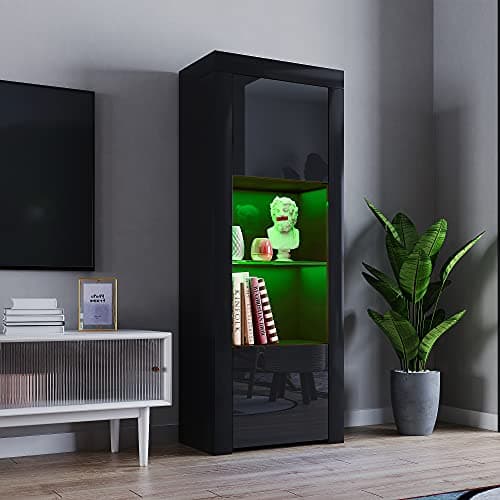 Image of Panana 2 Door LED Tall Display Sideboards Matt Body & High Gloss Fronts Storage Cabinet with Glass Shelf for Living Dining Room W 62 x D 35 x H 160cm (All Black)