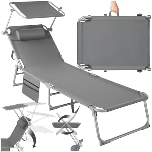 Image of tectake® Folding Sun Lounger - Adjustable 4-Position Backrest with Sun Canopy & Removable Head Cushion, Water-Resistant Cover, Steel Frame & Side Pocket - Garden Chair for Patio & Backyard - Grey