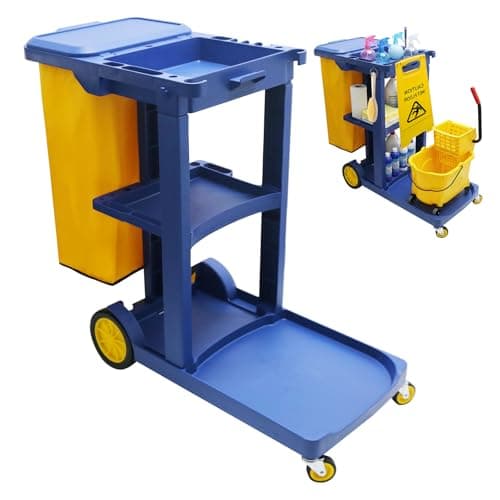 Image of Janitorial Trolley Cleaning Cart with Lid, Cleaning Trolley on Wheels, Large Capacity Janitorial Trolley with Oxford Bag, Janitorial & Sanitation Supplies Cart/Trolley for Office Mall Restaurant Hotel