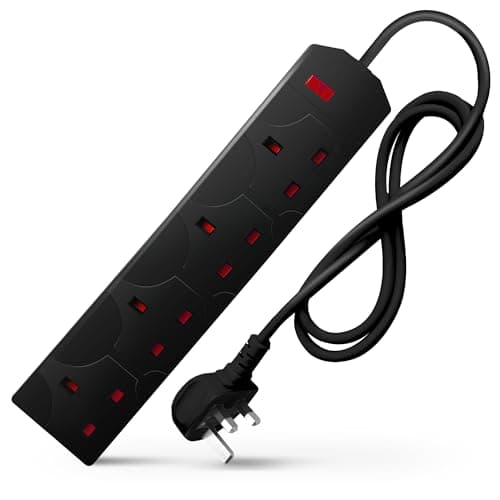 Image of DESIRETECH Black Electric Extension Lead - 4 Gang, 1 Metre Cable with UK Plug & 3 Pin Socket - Wall Mountable & Multi Socket Mains Strip for Home, Bedroom, Kitchen, & Office (1 Pack)