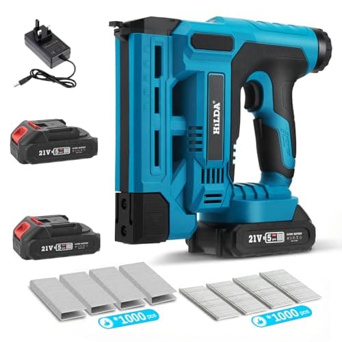 Image of Delousiber Cordless Brad Nailer, Cordless Nail Guns 21V, 2 in 1 Electric Nail Gun/Staple Gun with 2X Batteries and Charger, 1000 Nails and 1000 Staples, Nailers & Staplers for Upholstery, Woodworking