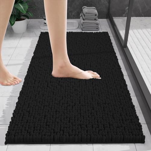 Image of wyewye Bath Mat 40x60cm - Chenille Non-Slip Super Absorbent Bathroom Rug, Extra Soft Fluffy Shaggy Bath Mat Machine Washable Quick Dry, Black