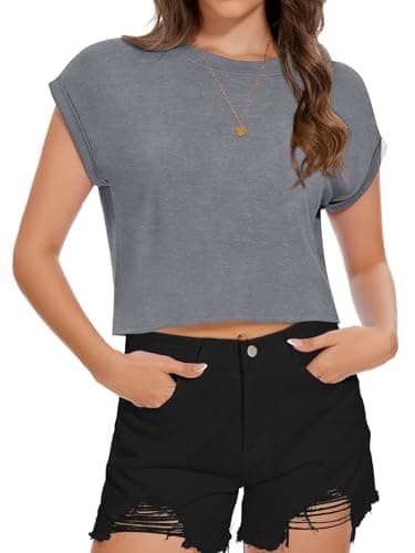 Image of Womens Short Sleeve T Shirt Summer Loose Fit Tees Round Neck Causal Crop Tops(Gray,XL)