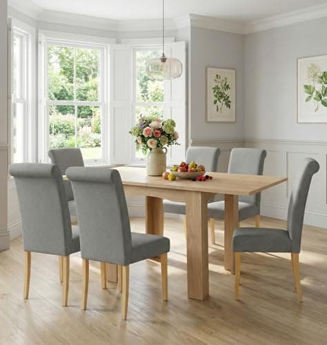 Image of Hallowood Furniture Newquay Oak Flip Top Extendable Dining Table and 6 Chairs, Folding or Extending Kitchen Table and Chairs in Roll Top Steel Grey Fabric Upholstery, Dining Set for Home and Café