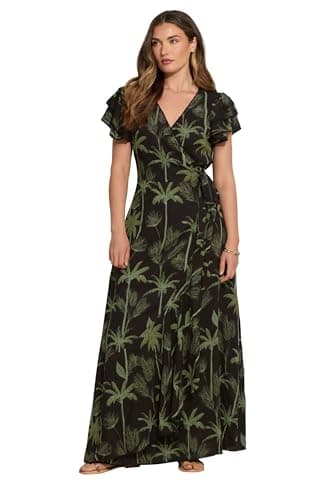 Image of Long Tall Sally - LTS Tall Tropical Palm Frill Sleeve Maxi Dress - Women's Black