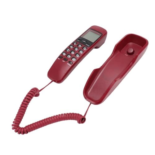 Image of Caller ID Support Wall Corded Telephone, 16 Digit Display Screen, Oval Keys Wall Mounted Corded Phone, Red ABS Material Phone for Office