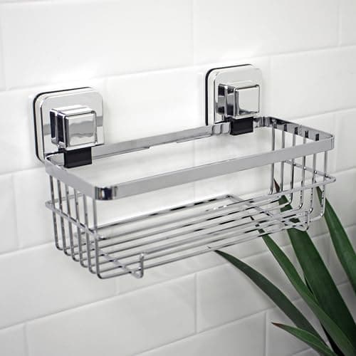 Image of Showerdrape Pushloc Chrome Steel Suction Wall Mounted Bottle Basket and Mounting Squares