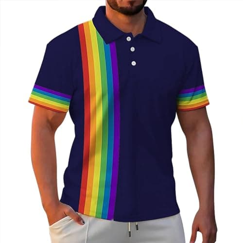 Image of T-Shirts Men's Shirt Short Sleeve Men's Tops Casual Rainbow Print Button Tees Blouse Short Sleeve Tops Pullover, navy, XXL