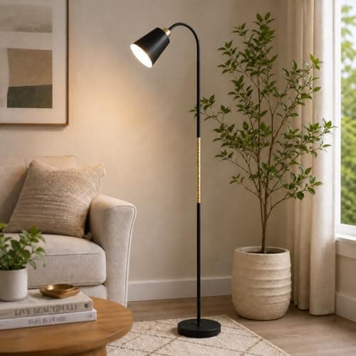 Image of BURAKH Modern Metal Floor Lamp with Adjustable Head - Tall Standing Reading Light for Living Room, Bedroom, Office, Study - Bright LED Compatible Task Lamp with Sturdy Base (Black)