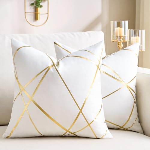 Image of DecorMommt Velvet Cushion Covers 40 x 40 cm Gilded Throw Pillow Covers Decorative Velvet Sofa Cushions Gold Lines geometry Pattern White Square Decorative Soft Home for Sofa Living Room Pack of 2
