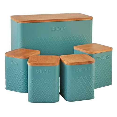 Image of Cooks Professional 5 Piece Tea, Coffee, Sugar, Biscuit & Bread Square Cannister Set with Bamboo Lids | Diamond Pattern Labelled Stainless Steel Kitchen Storage Bins Airtight Containers | Teal