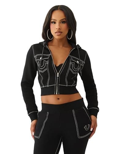 Image of True Religion Shrunken Women's Cropped Zip Up Hoodie - Big T Stitching & Iconic Horseshoe Logo, Jet Black, XL