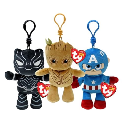 Image of TY Marvel Clip Multipack - Black Panther, Captain America, Groot | Soft Plush Toys for Kids | Teddy & Baby Collectible Stuffed Plushies | Bag Clips