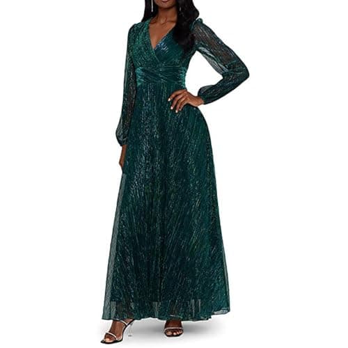 Image of Betsy & Adam Long Sleeve V-Neck Metallic Crinkle Knit Gown, Jade, 18